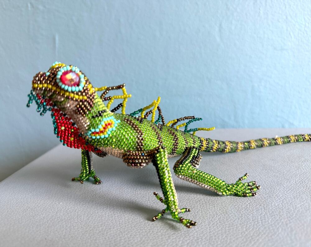 Large 13" Guatemalan Hand Beaded Iguana Sculpture Czech Glass Seed Bead Lizard